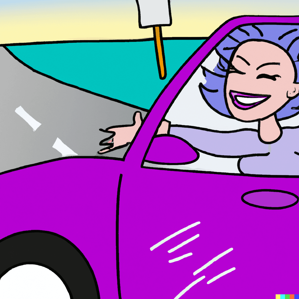 Eating Disorder Recovery Journey [Image description: drawing of a happy woman driving in a purple car] Represents a client in eating disorder recovery in Los Angeles, California