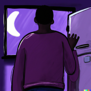 Help for night eating syndrome in Los Angeles, California [Image description: drawing of a person standing near a refrigerator and the moon is in the background] Represents a potential person with night eating syndrome seeking counseling in Los Angeles, California 