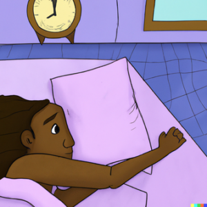 Night eating syndrome counseling in Los Angeles, California [Image description: drawing of a person laying in bed with a clock behind them] represents a potential client struggling with night eating syndrome in Los Angeles, California