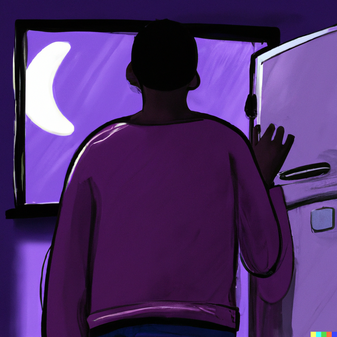 Help for night eating syndrome in Los Angeles, California [Image description: drawing of a person standing near a refrigerator and the moon is in the background] Represents a potential person with night eating syndrome seeking counseling in Los Angeles, California