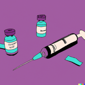 Help for Diabulimia in California [Image description: drawing of a hypodermic needle and vials of insulin on a purple table] Represents potential insulin of a person in treatment for diabulimia
