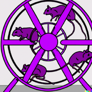 Activity-Based Anorexia in Rats: an animal model for excessive exercise in anorexia [Image description: 4 purple rats running in a purple wheel]