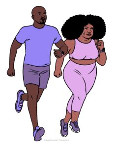 Excessive Exercise in Eating Disorders [Image description: a drawing of a black man and a black woman jogging] Depicts potential clients with eating disorders seeking help for excessive exercise in Los Angeles, California