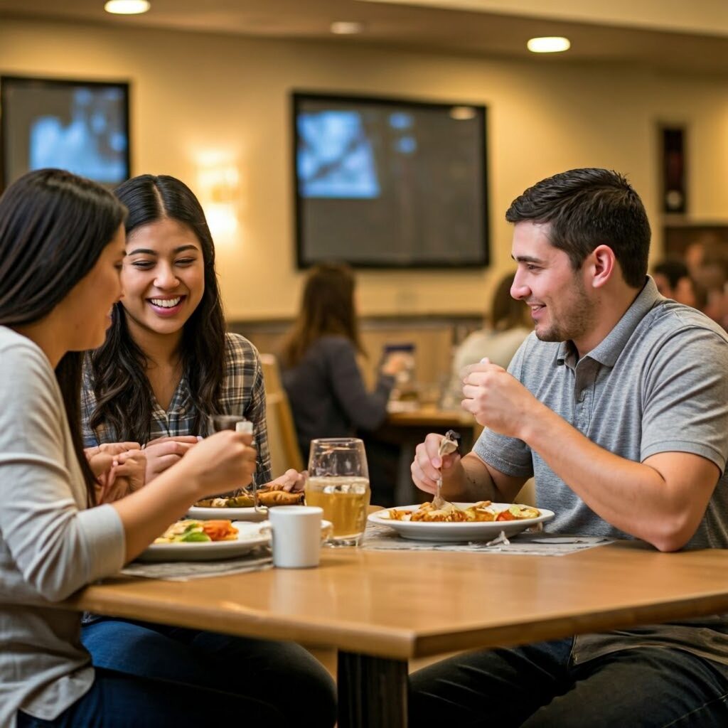 ARFID in College[Image description: photo of 3 college students in college dining hall, represents potential students with ARFID in college in California]