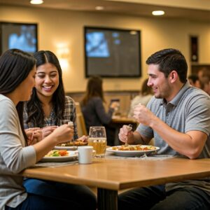 ARFID in College[Image description: photo of 3 college students in college dining hall, represents potential students with ARFID in college in California]